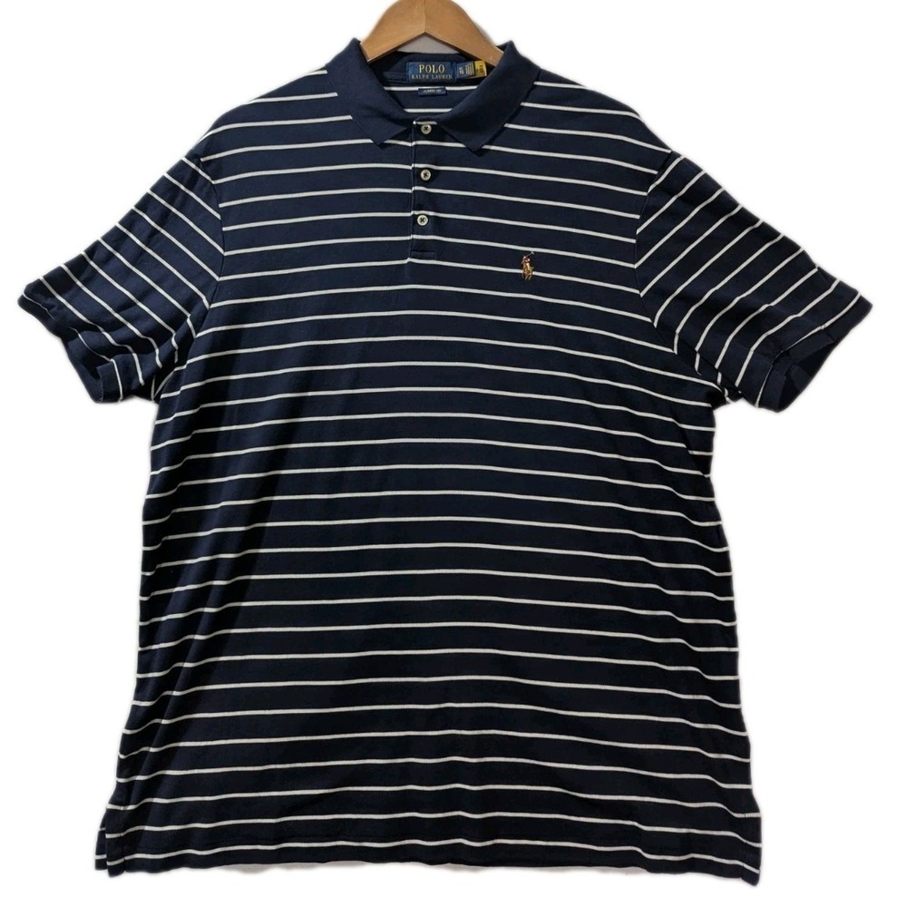 Polo Ralph Lauren Classic Fit XL Navy White‎ Stripe Polo Shirt Flesh Pony Knit